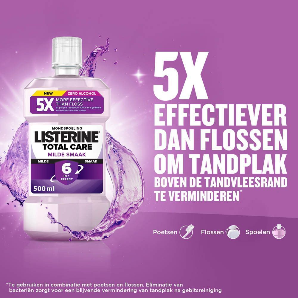 Listerine Total Care fles. Paars etiket, witte dop. Tekst: 5X EFFECTIEVER DAN FLOSSEN OM TANDPLAK TE VERMINDEREN.