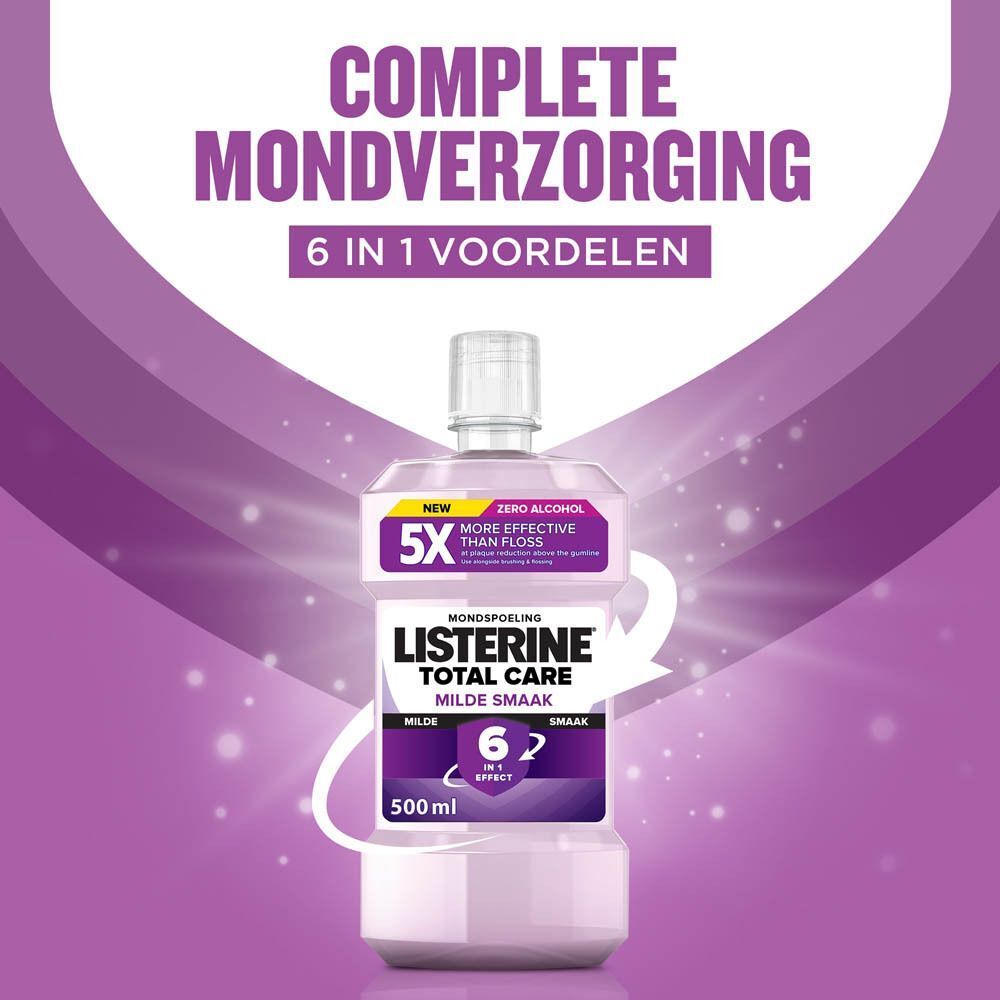 Listerine Total Care fles. Paars etiket, witte dop. Tekst: COMPLETE MONDVERZORGING 6 IN 1 VOORDELEN.