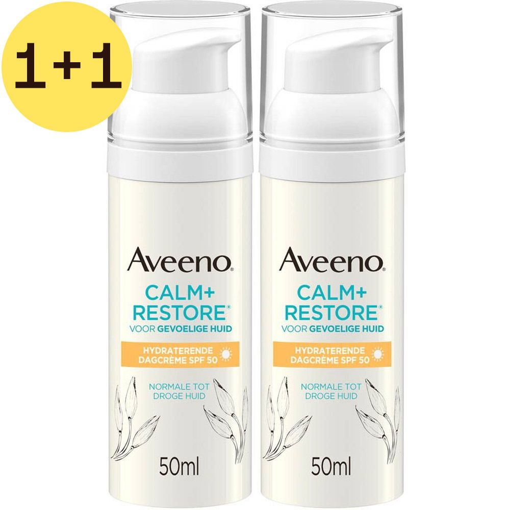 Twee flacons Aveeno Calm+Restore hydraterende crème SPF 50, voor gevoelige huid, 1+1 gratis.