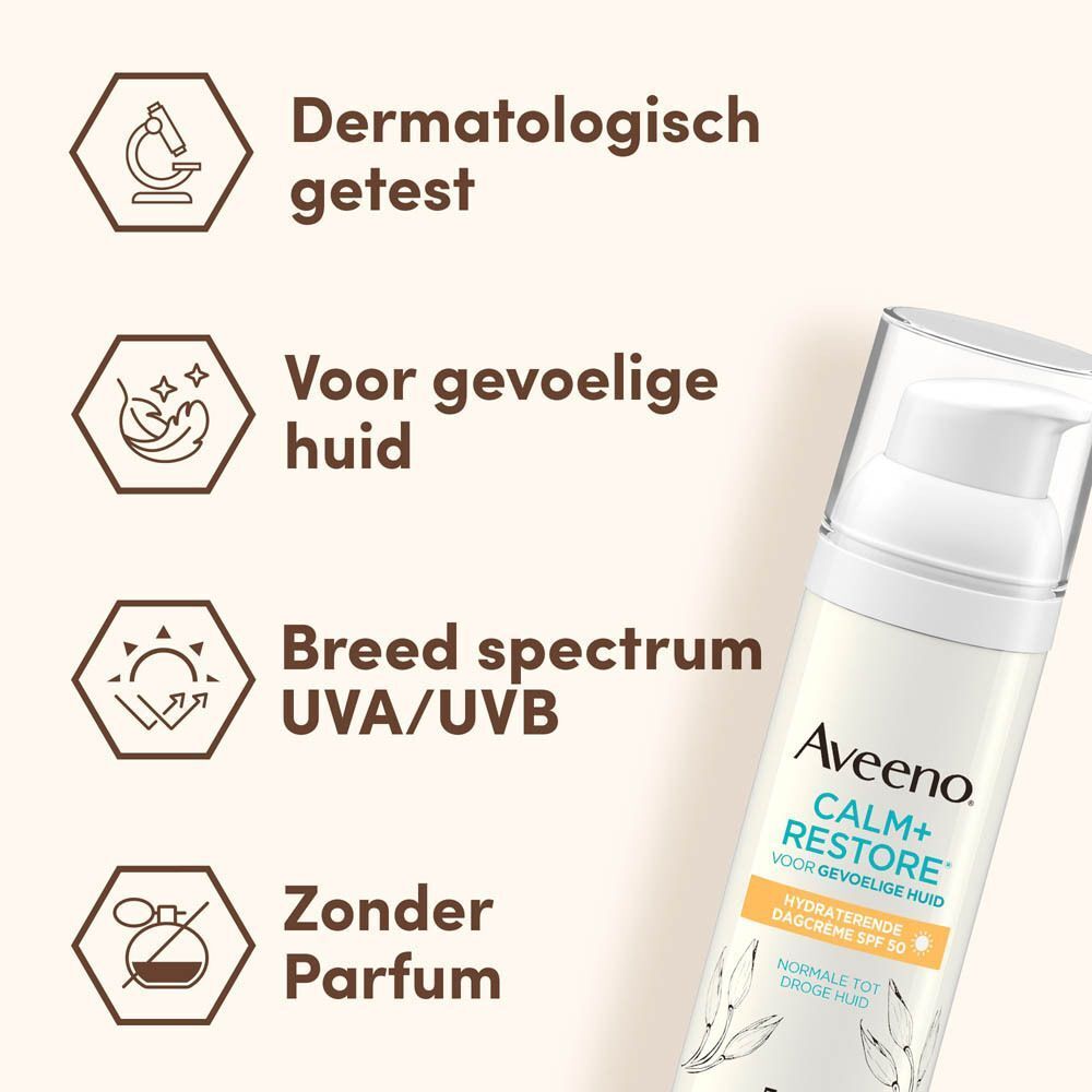 Dermatologisch getest, voor gevoelige huid, breed spectrum UVA/UVB, zonder parfum. Aveeno.