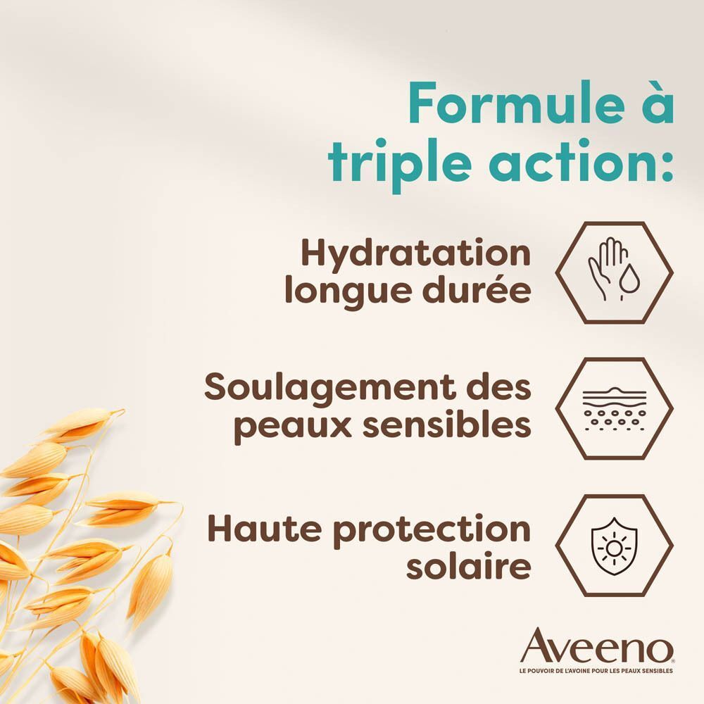 Formule triple action : hydratation longue durée, soulagement peaux sensibles, haute protection solaire. Aveeno.