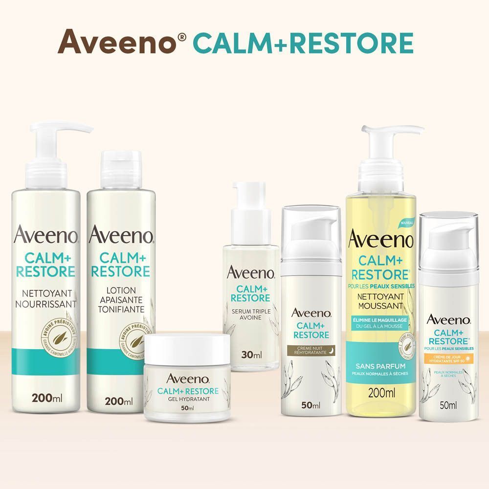 Gamme Aveeno Calm+Restore : Nettoyant, Lotion, Sérum, Crème, Nettoyant moussant.