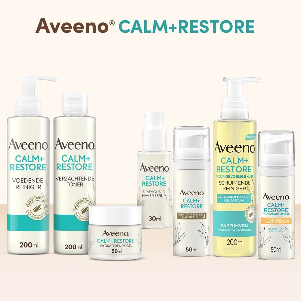 Aveeno Calm+Restore productlijn: Reiniger, Lotion, Serum, Gel, Schuimende reiniger.