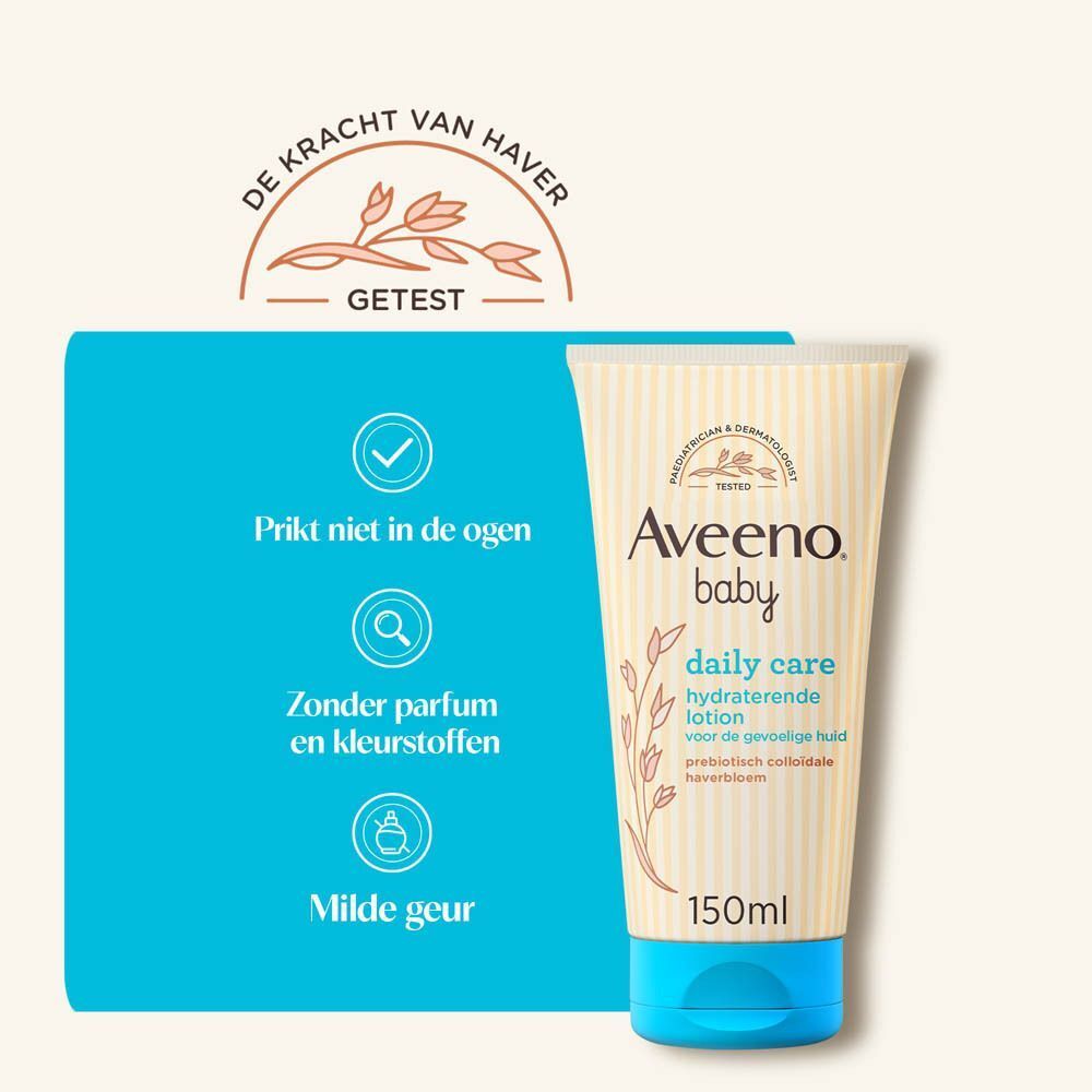 Tube Aveeno Baby Daily Care Lotion. Tekst: Prik niet in de ogen, Zonder parfum en kleurstoffen, Milde geur. 150ml.