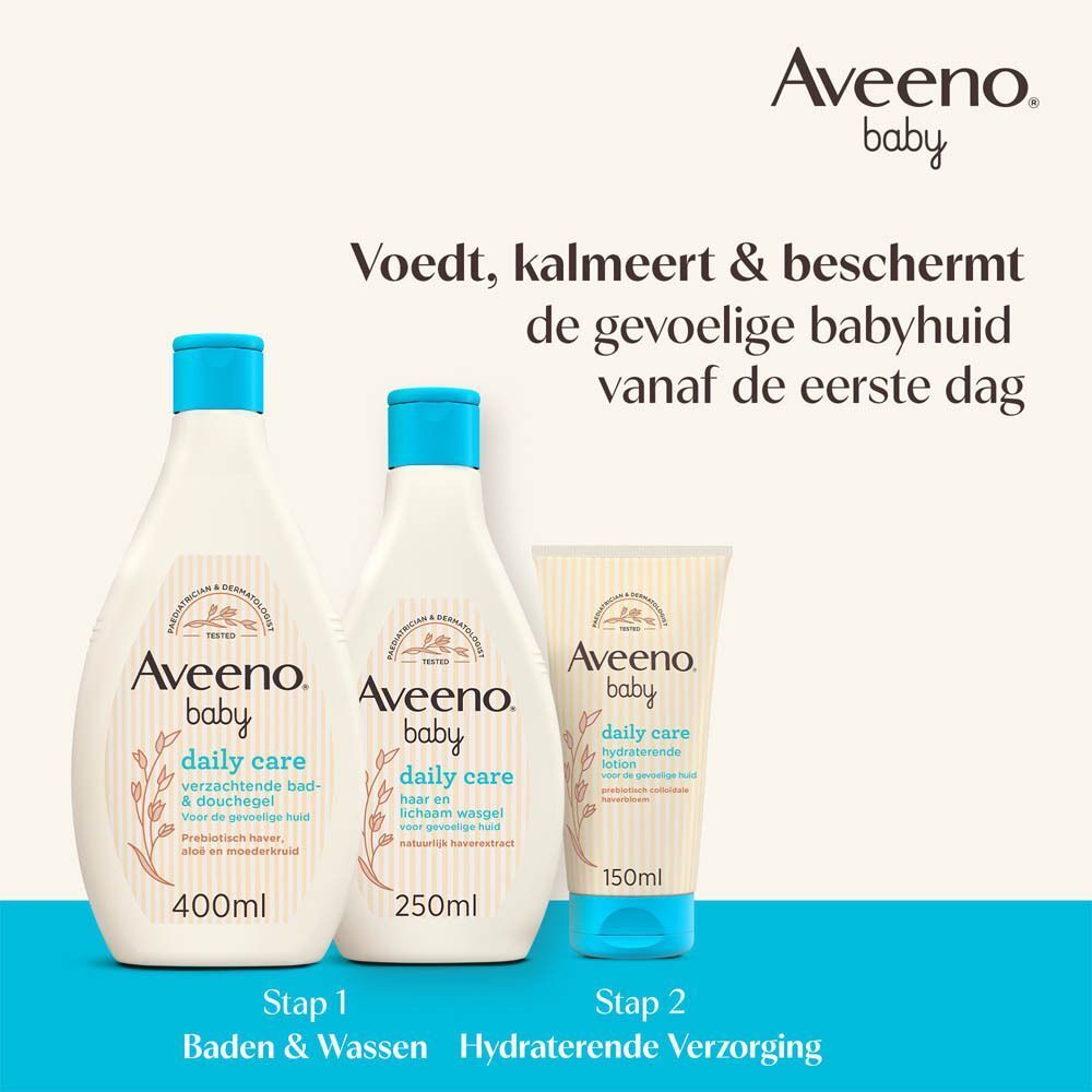 Drie Aveeno Baby producten: 400ml, 250ml, en 150ml tube. Tekst: Voedt, kalmeert & beschermt de gevoelige babyhuid vanaf de eerste dag.