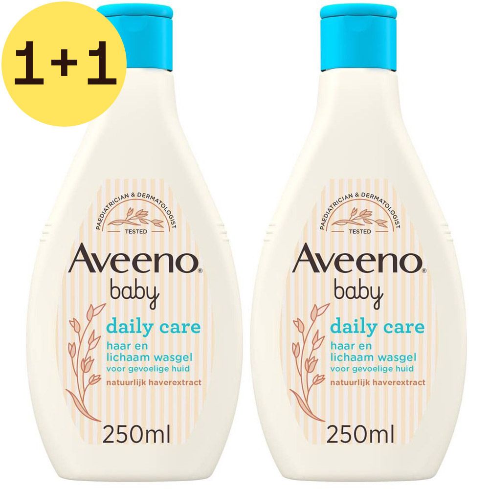 Twee flessen Aveeno Baby Daily Care. 1+1 gratis. Blauwe doppen, beige flessen.