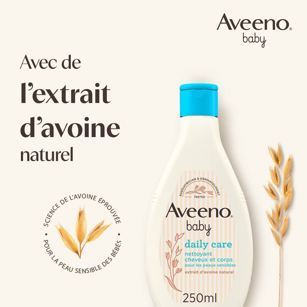 Flacon Aveeno Baby Daily Care. Texte: Avec de l'extrait d'avoine naturel. Illustration d'épis d'avoine. Logo Aveeno Baby.