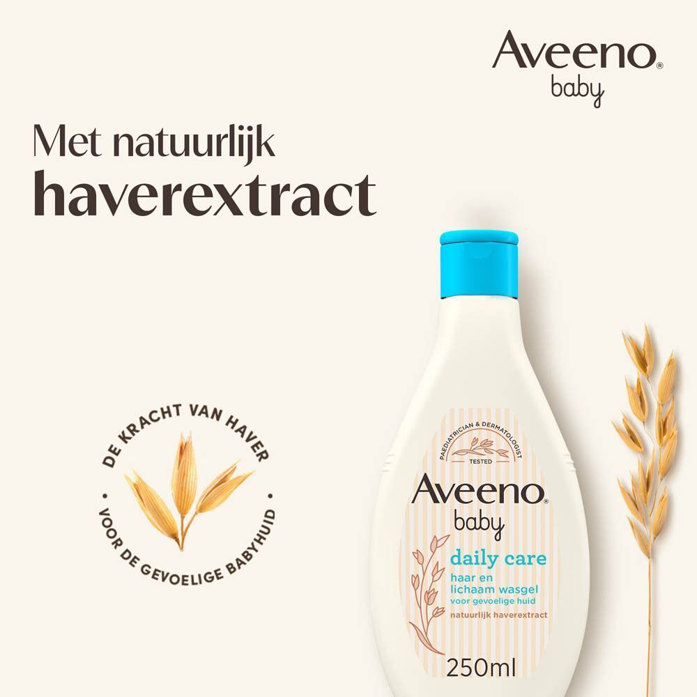 Fles Aveeno Baby Daily Care. Tekst: Met natuurlijk haverextract. Illustratie van haveraren. Aveeno Baby logo.