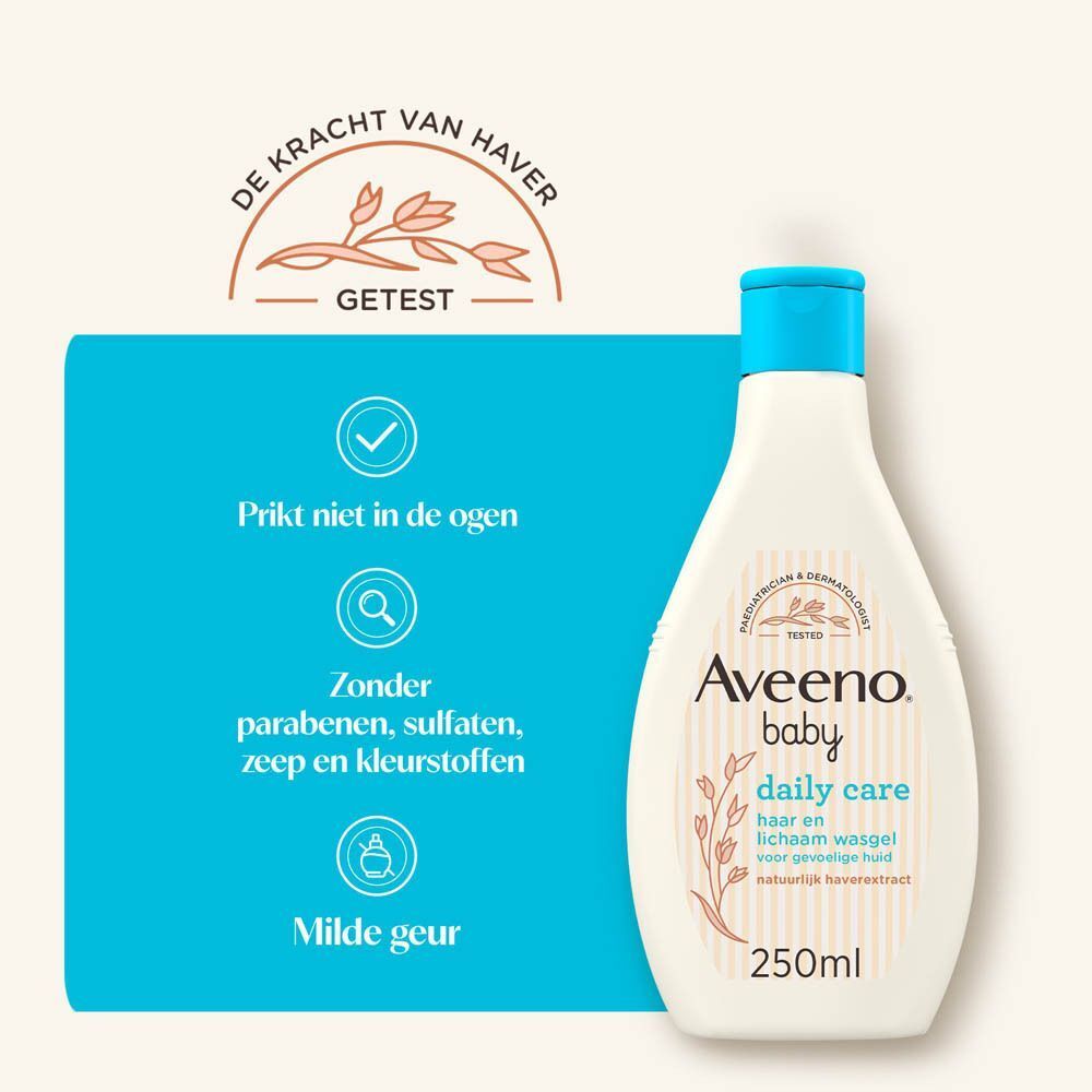 Fles Aveeno Baby Daily Care. Tekst: Prikken niet in de ogen, zonder parabenen, sulfaten en kleurstoffen, milde geur.