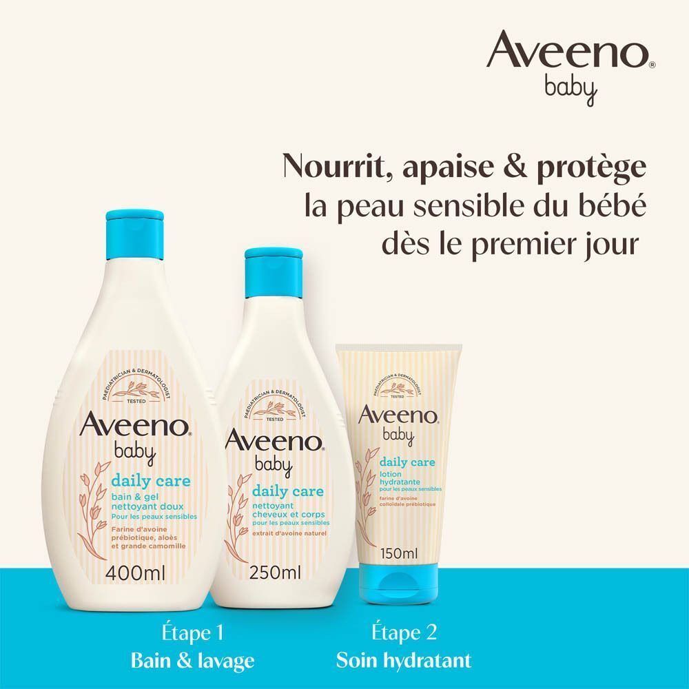 Trois produits Aveeno Baby Daily Care. Texte: Bain & lavage, Soin hydratant. Logo Aveeno Baby.