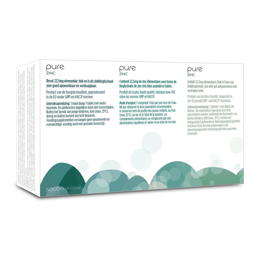 Dos de trois boîtes "pure ZINC". Texte multilingue. Logo "SOLIDPHARMA".