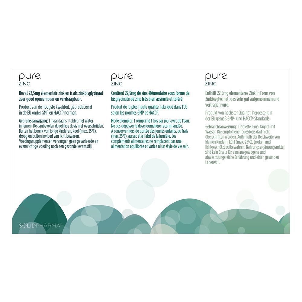 Achterkant van een Pure® Zink verpakking. Tekst in het Duits, Frans en Nederlands. Logo van Solidpharma.