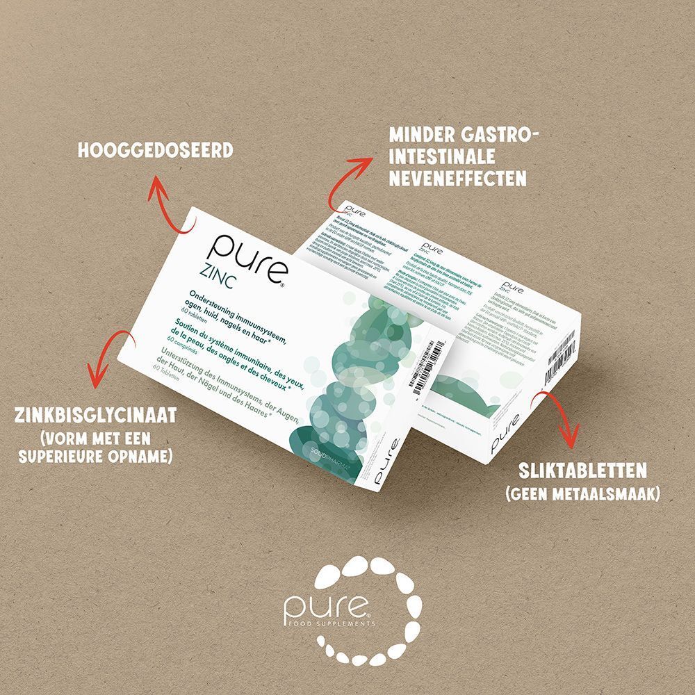 Twee Pure® Zink verpakkingen met pijlen en tekst. Labels: 'Hooggedoseerd', 'Minder gastro-intestinale', 'Zinkbisglycinaat', 'Sliktabletten'.