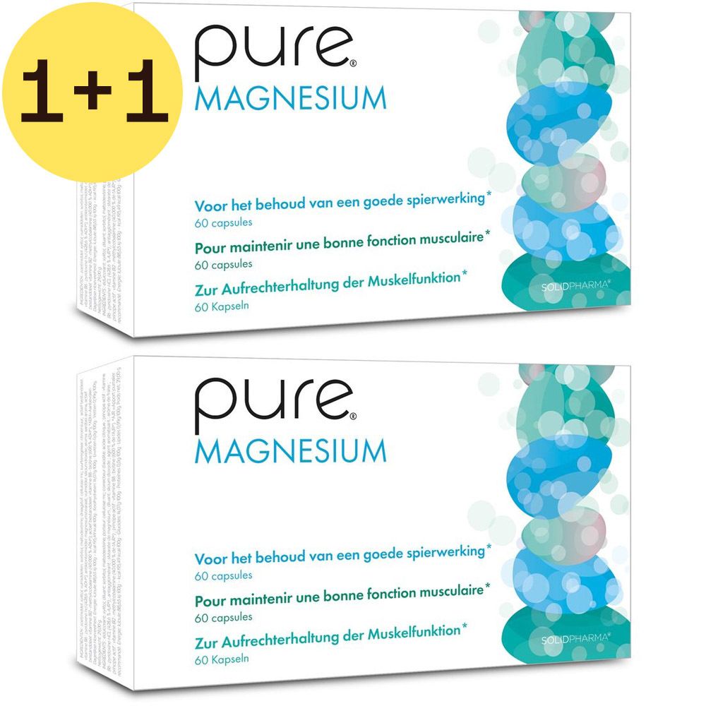 Twee dozen "pure Magnesium" met "1+1 GRATIS". Tekst in het Duits, Frans en Nederlands. Elke doos bevat 60 capsules.