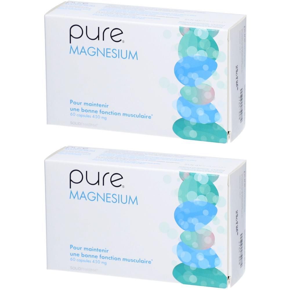 Deux boîtes de gélules "pure Magnesium". Emballage blanc avec des accents bleus et verts. Texte en anglais et français.