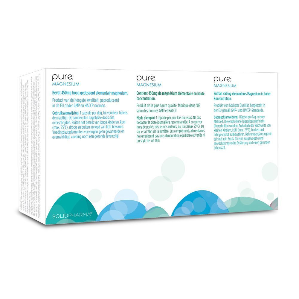 Achterkant van een "pure Magnesium" verpakking. Tekst in het Duits, Frans en Nederlands. Bevat productinformatie.