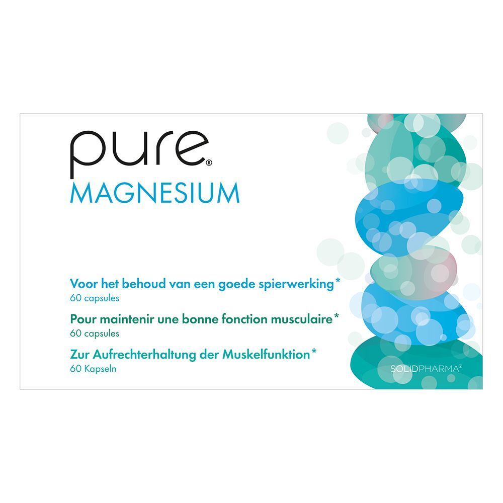 Een doos "pure Magnesium". Witte verpakking met blauwe en groene accenten. Tekst in het Duits, Frans en Nederlands.