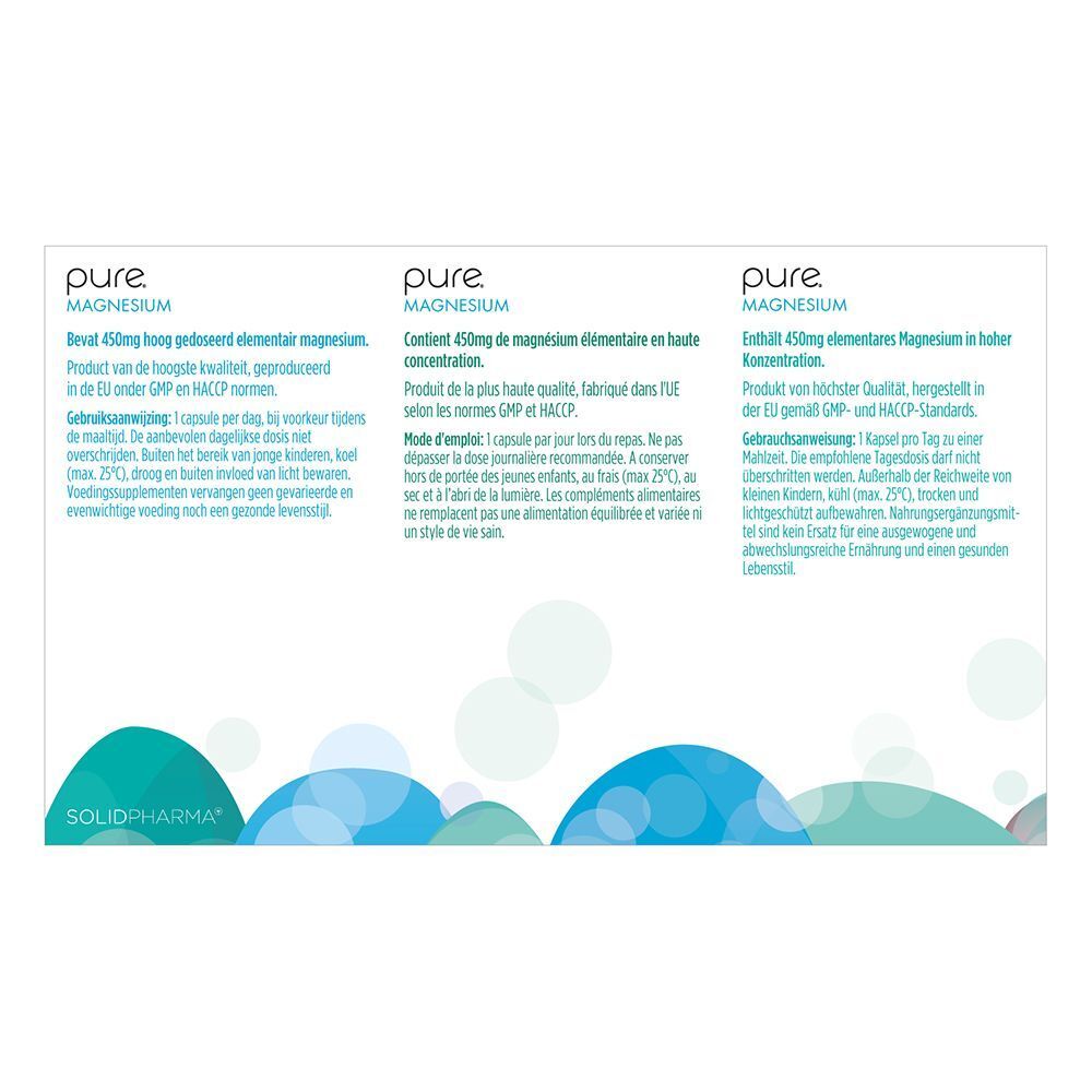 Achterkant van een "pure Magnesium" verpakking. Tekst in het Duits, Frans en Nederlands. Bevat productinformatie.