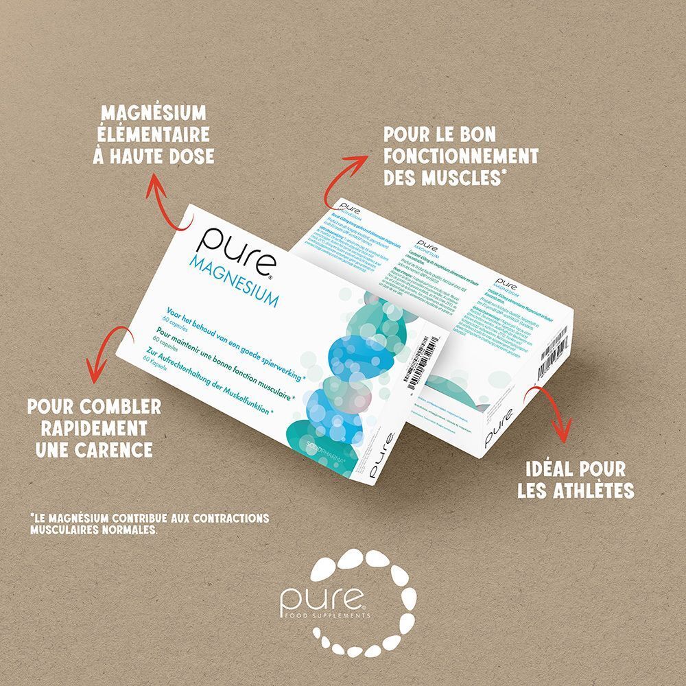 Deux boîtes "pure Magnesium". Texte en français. Flèches pointant vers les caractéristiques et les avantages du produit.