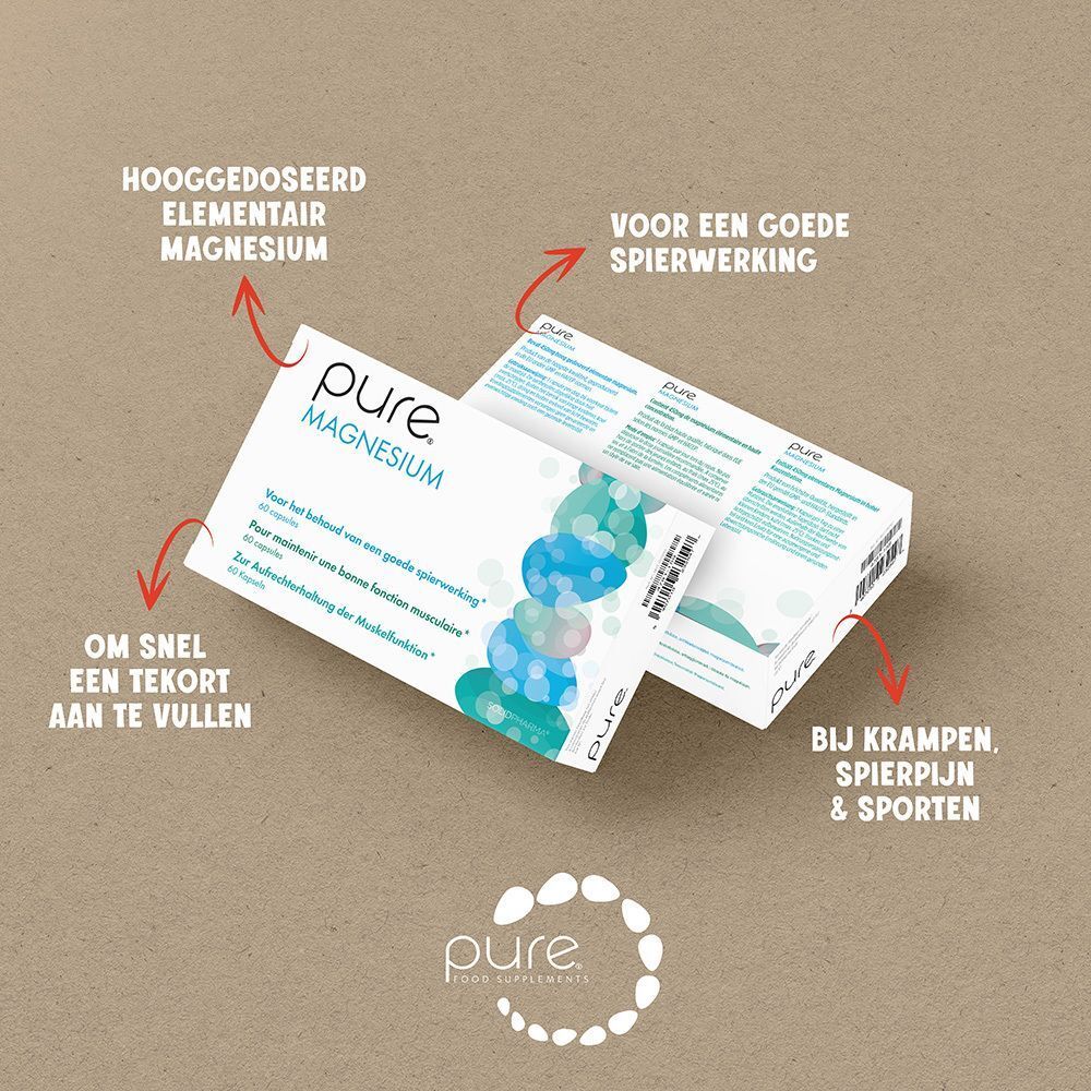 Twee "pure Magnesium" dozen. Nederlandse tekst. Pijlen wijzen op productkenmerken en voordelen.