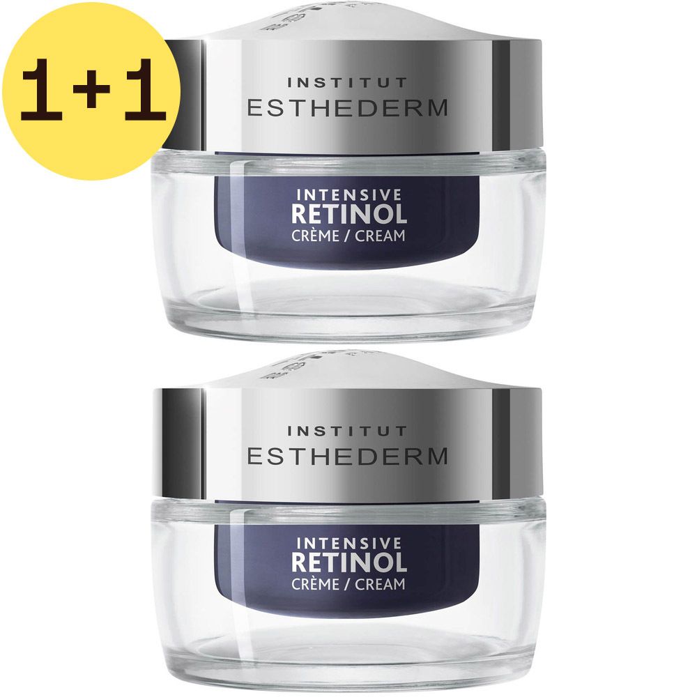Twee crèmepotten met zilveren deksels. Opschrift: INSTITUT ESTHEDERM, INTENSIVE RETINOL CRÈME/CREAM. Geel 1+1 symbool.