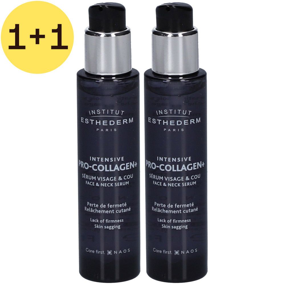 Deux flacons de sérum. Flacons foncés avec pompes argentées. Inscription: Institut Esthederm, Pro-Collagen+, Sérum Visage & Cou.