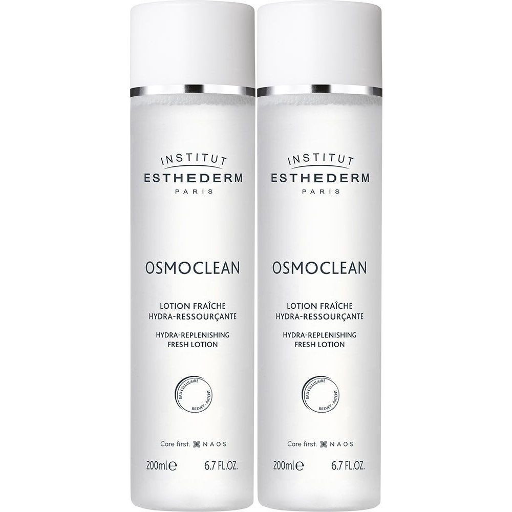 Deux flacons blancs avec bouchons argentés. Inscription: INSTITUT ESTHEDERM, OSMOCLEAN, LOTION FRAICHE, HYDRA-RESSOURÇANTE, HYDRA-REPLENISHING, FRESH LOTION.