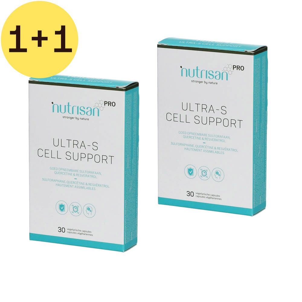 Deux boîtes Nutrisan Pro Ultra-S Cell Support. Inscription 1+1 GRATUIT. Chaque boîte contient 30 comprimés.