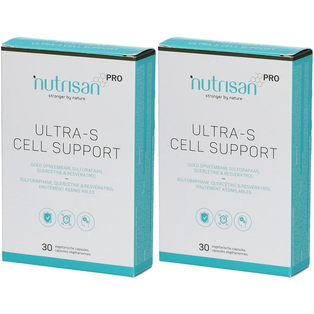 Twee dozen Nutrisan Pro Ultra-S Cell Support. Witte verpakking met blauwe accenten. Tekst: Ultra-S Cell Support, 30 vegetarische capsules.
