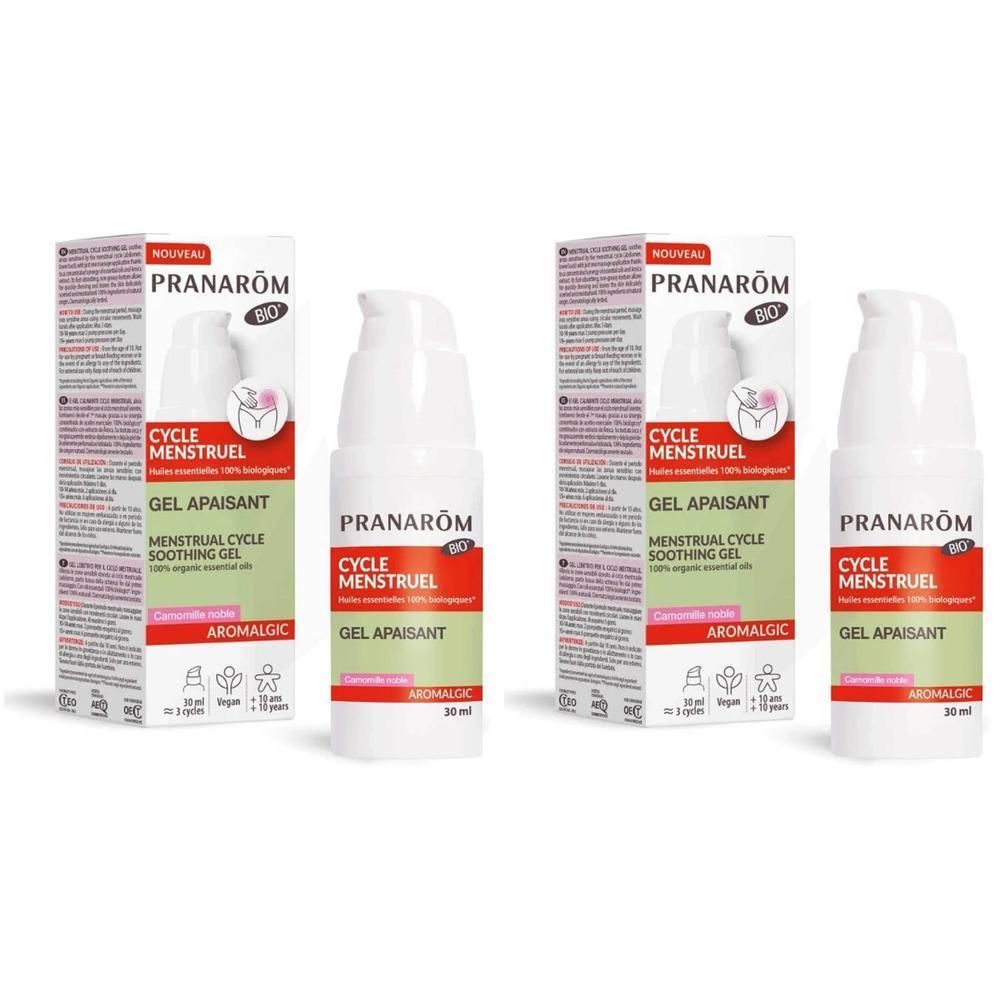 Deux flacons blancs et une boîte avec des inscriptions. Inscriptions : CYCLE MENSTRUEL, GEL APAISANT, Aromalgic. Offre 1+1 gratuite.