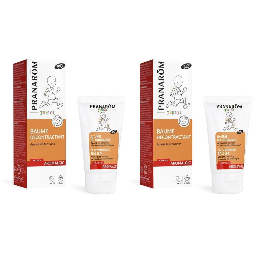 Deux tubes et emballages. Inscription: Pranarôm Junior, Baume Décontractant, Aromalgic. Certification Bio.