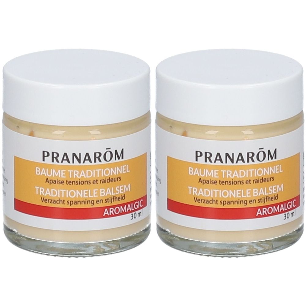 Deux pots de Baume Traditionnel PRANARÔM. Couvercles blancs, crème jaunâtre, étiquette avec texte. Aromalgic.