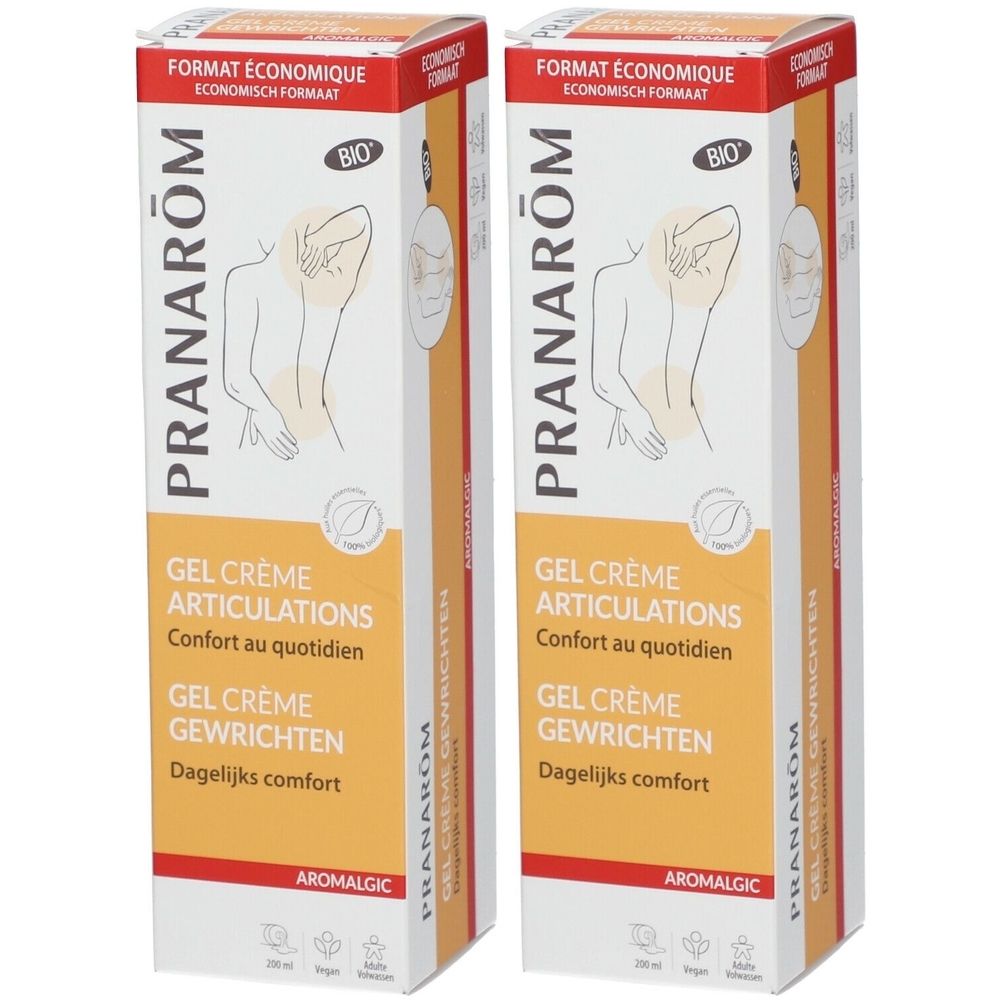 Deux boîtes rectangulaires. Inscription: PRANAROM, GEL CRÈME ARTICULATIONS, label Bio. Offre 1+1 en jaune.
