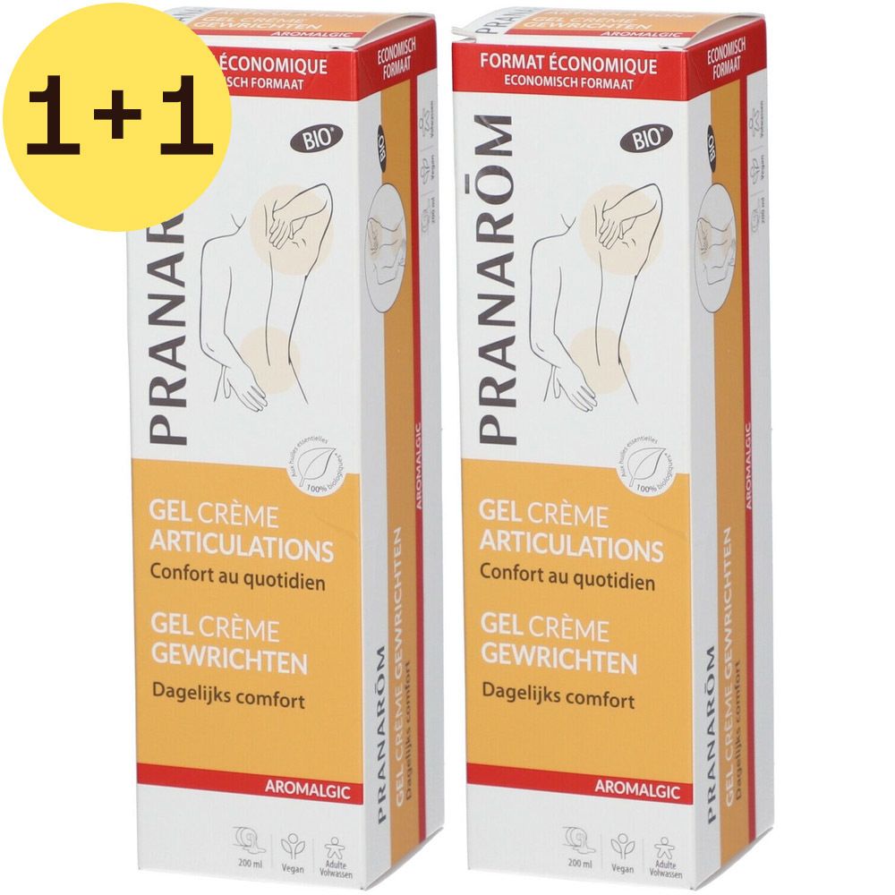 Twee rechthoekige verpakkingen. Opschrift: PRANAROM, GEL CRÈME ARTICULATIONS, Bio-label. Gele 1+1 actie.