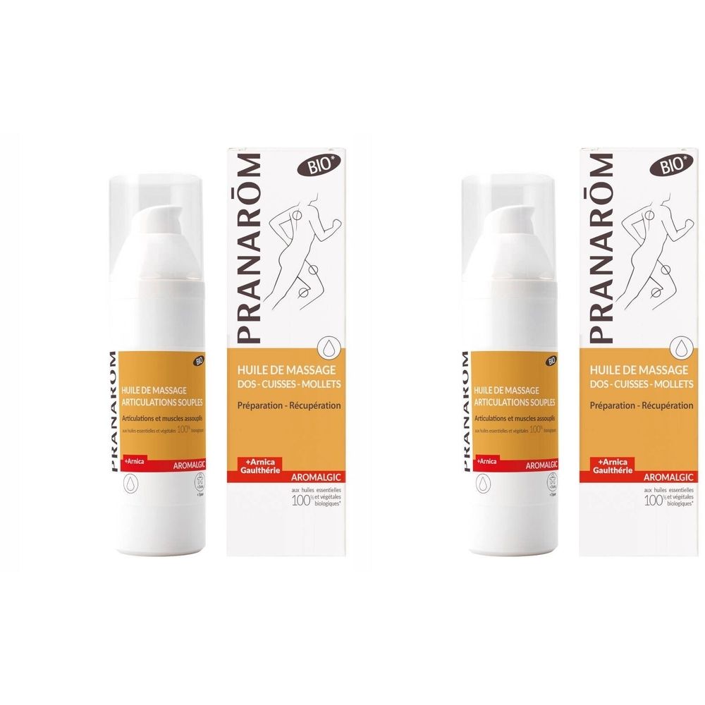Deux flacons blancs avec pompe et boîtes. Inscription: Pranarôm, Aromalgic, BIO. Texte: Huile de massage dos-cuisses-mollets.