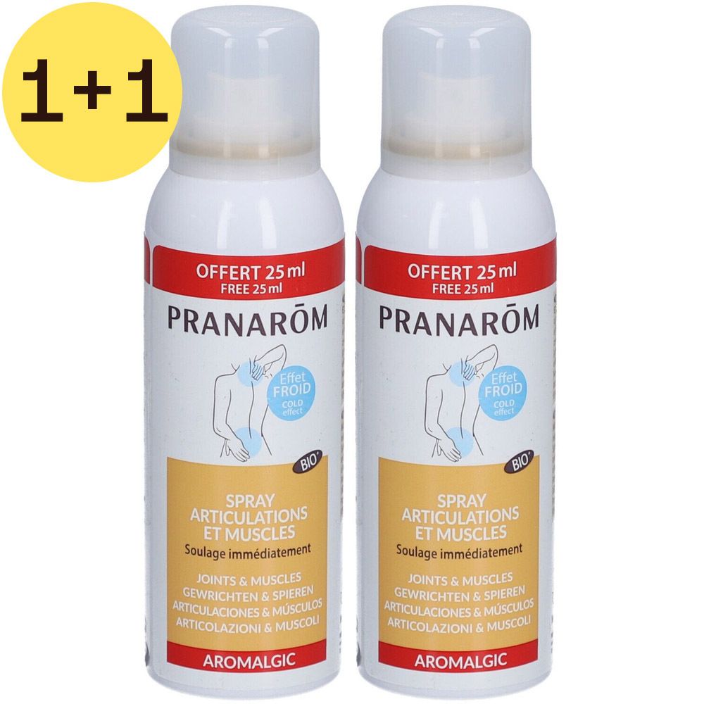 Deux sprays blancs avec inscriptions rouges et jaunes. Inscriptions: Pranarôm, Spray Articulations et Muscles, Bio. Offre: 1+1 gratuit.
