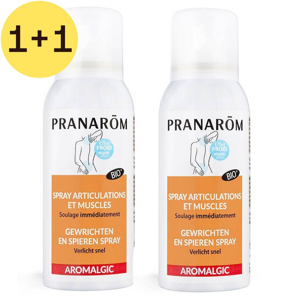 Deux flacons spray blancs avec étiquettes oranges. Inscription: PRANARÔM, Spray Articulations et Muscles, Aromalgic. Symbole jaune 1+1.