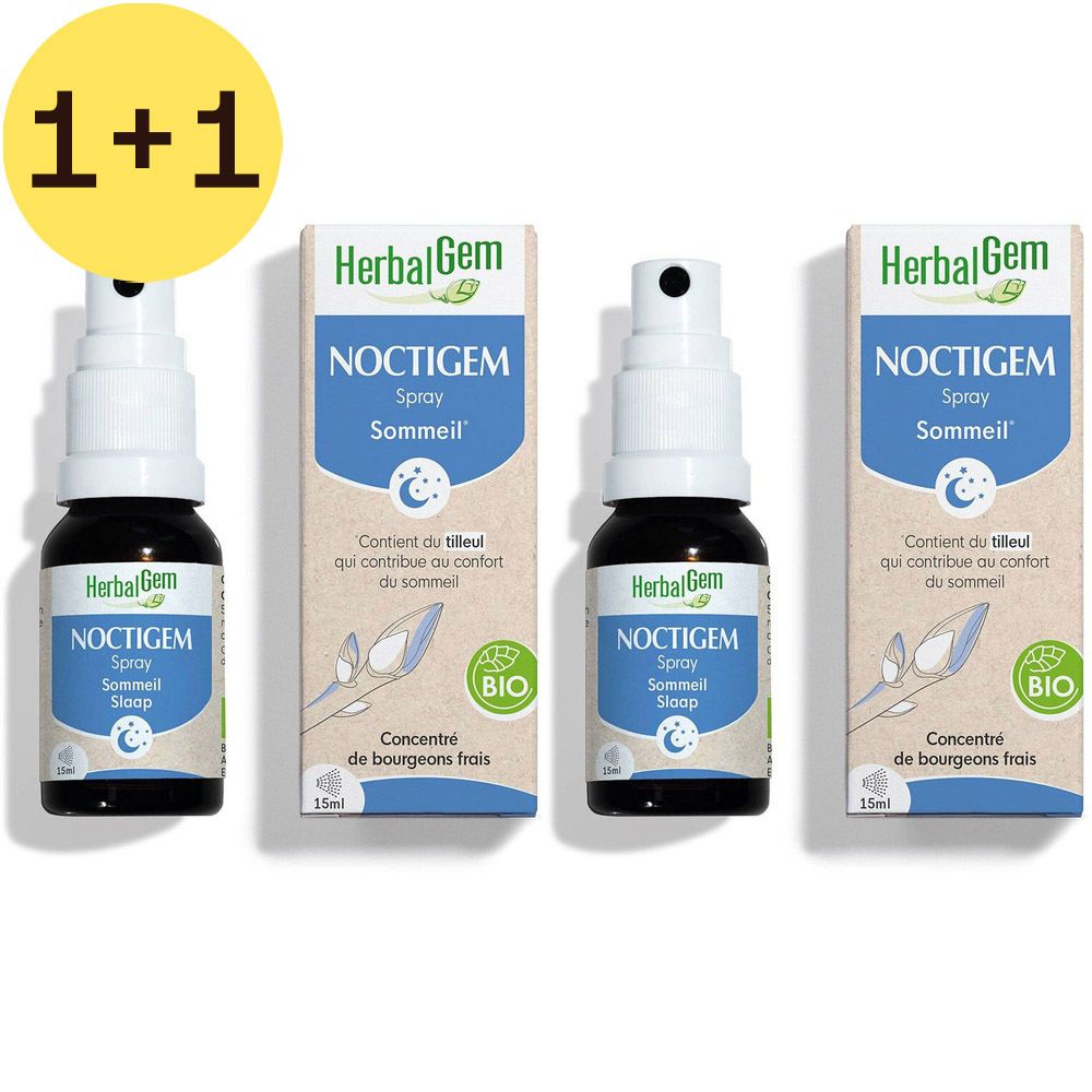 Drie flessen HerbalGem NOCTIGEM Spray met verpakking. Gele cirkel met tekst '1+1' linksboven.