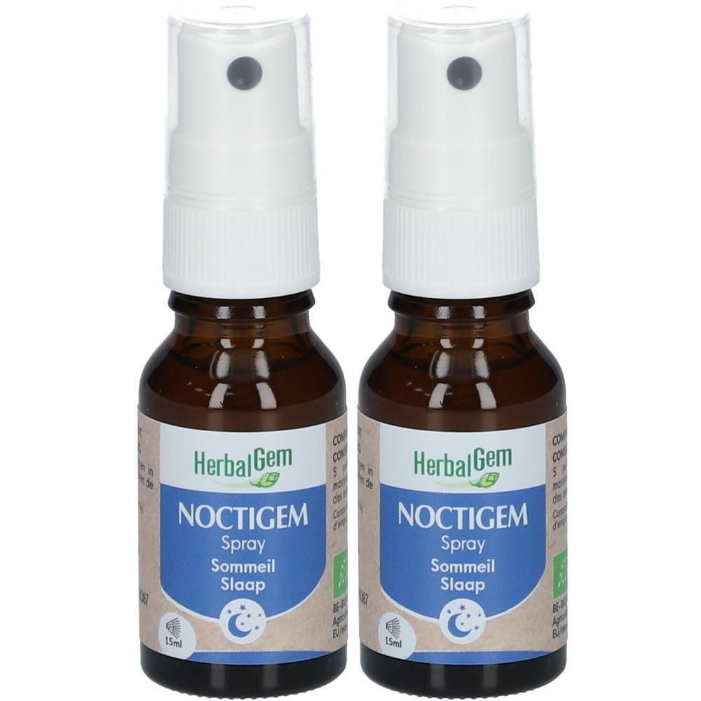 Twee flessen HerbalGem NOCTIGEM Spray. Bruine glazen flessen met witte spraykop.