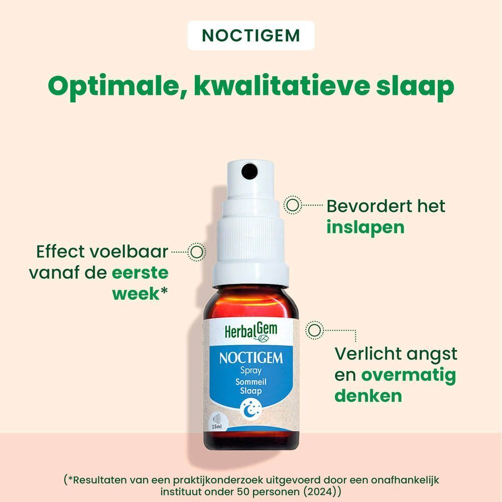 Een fles HerbalGem NOCTIGEM Spray. Tekst en afbeeldingen op groene achtergrond.
