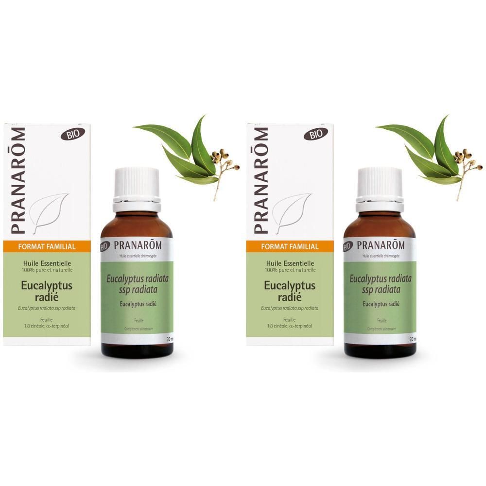 Twee flessen en verpakkingen van Pranarom Eucalyptus radiata. BIO-certificering. Bladdecoratie.