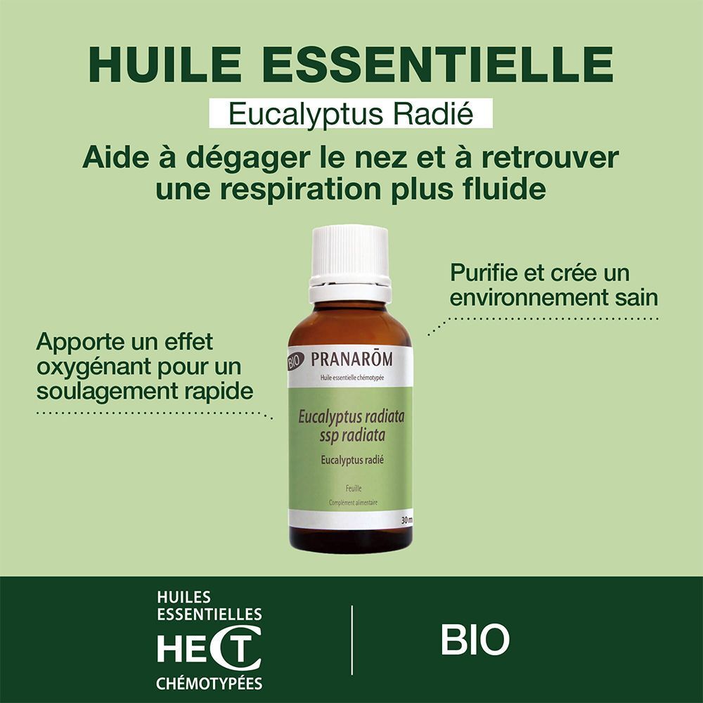 Bruine glazen fles met witte dop. Etiket met productnaam en merk Pranarom. BIO-certificering.