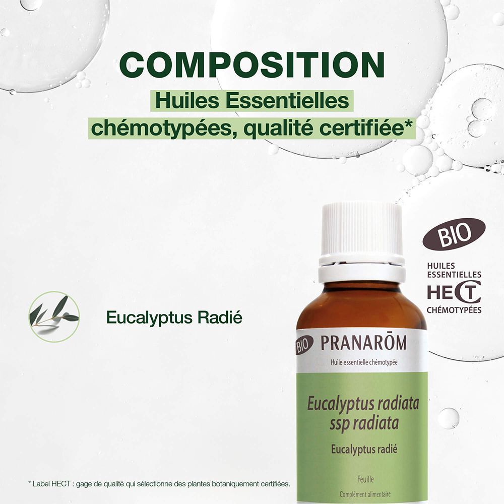 Bruine glazen fles met witte dop. Etiket met productnaam en merk Pranarom. BIO-certificering.