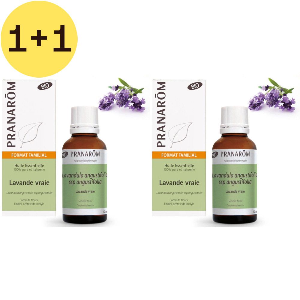 Twee flessen en twee dozen. Opschrift: Pranarôm, Lavande vraie, Bio. Gele cirkel met "1+1". 