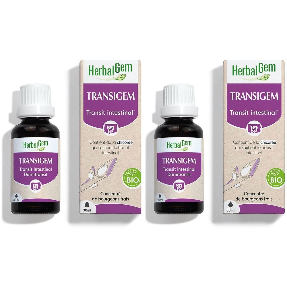 Trois flacons et emballages de HerbalGem TRANSIGEM. Flacons avec bouchon blanc, verre brun. Emballage avec texte violet.