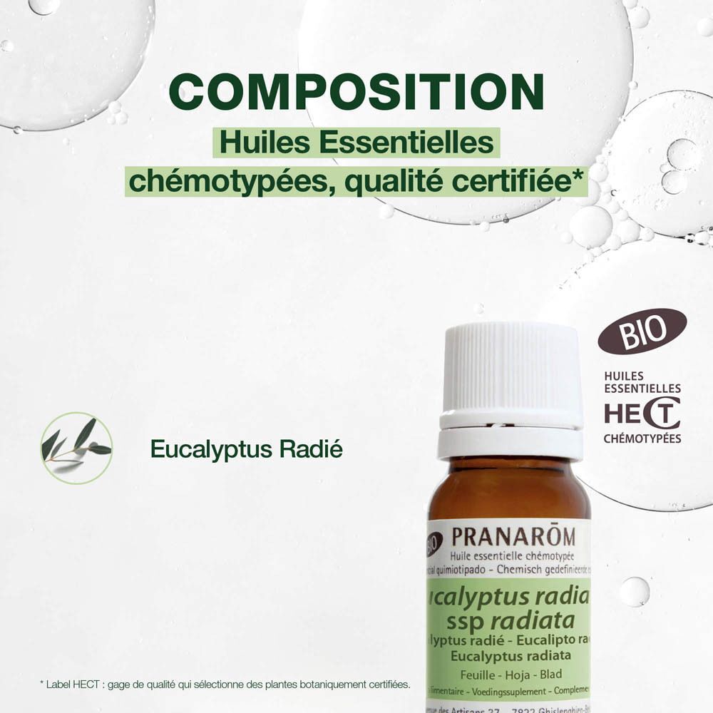 Flacon brun avec bouchon blanc. Texte : PRANAROM, Eucalyptus Radié. Certification bio.