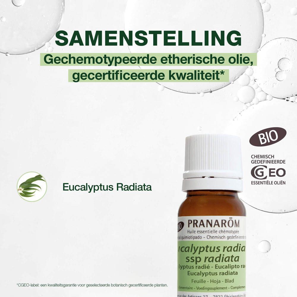 Bruine fles met witte dop. Tekst: PRANAROM, Eucalyptus Radié. Bio-certificering.