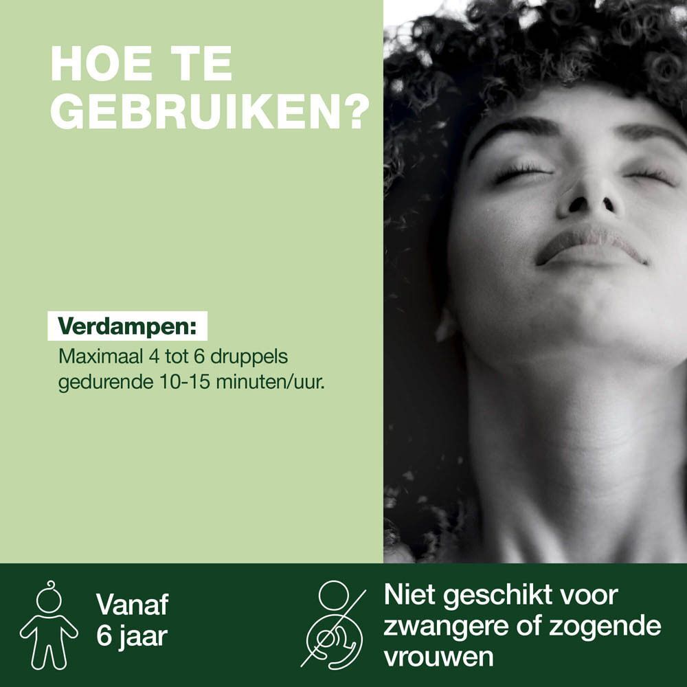 Vrouw met gesloten ogen. Tekst: Hoe te gebruiken? Voor diffusie: 4 tot 6 druppels.