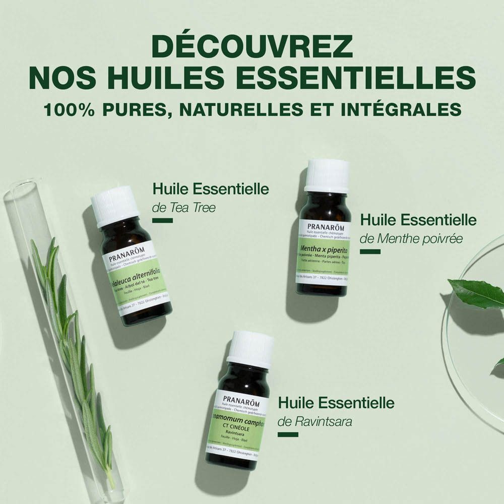 Trois flacons d'huiles essentielles. Texte : Découvrez nos huiles essentielles 100% pures, naturelles et complètes.