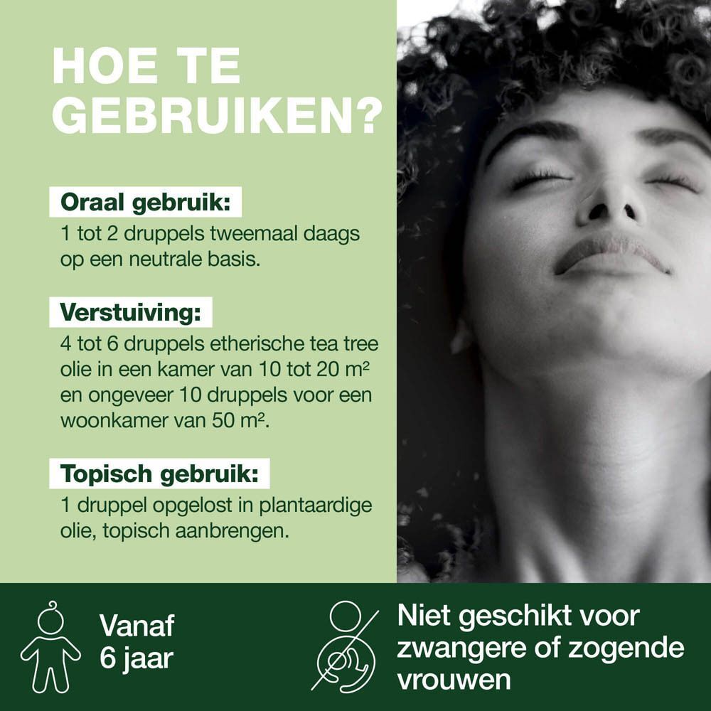 Tekst: Hoe te gebruiken? Oraal, verneveling, topisch. Niet geschikt voor zwangere of zogende vrouwen. Vanaf 6 jaar.